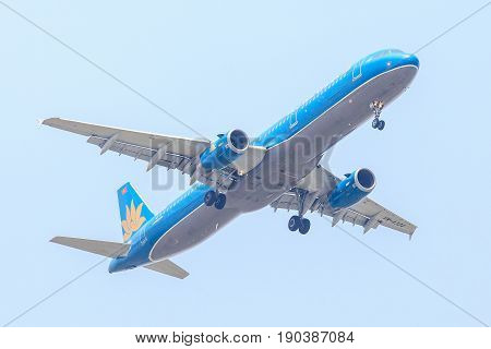 Bangkok, Thailand. - April 22, 2017 : Plane of Vietnam Airlines on the sky landing to Suvanabhumi airport.