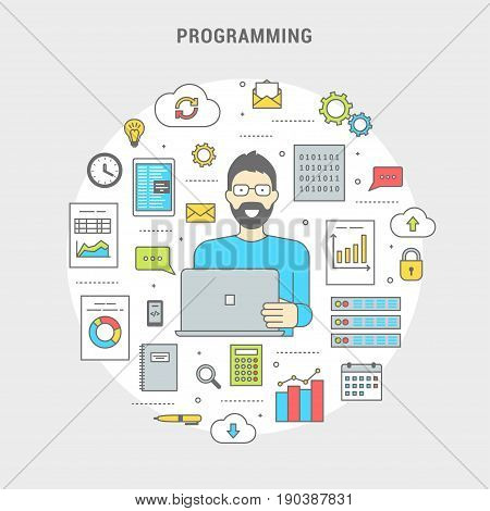 Development and programming concept banner. Digital devices, programmer creating computer software, mobile applications. Line flat design symbols and icons in circle. Vector illustration