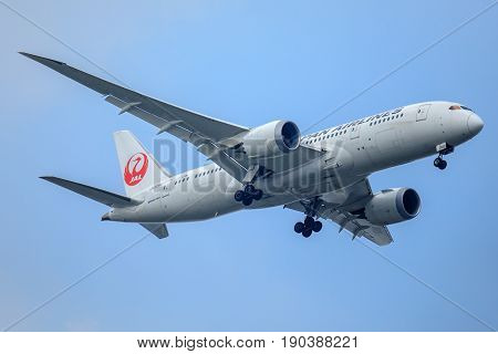 Bangkok, Thailand. - April 23, 2017 : Aircraft or Plane of JAL or Japan Airlines on the sky landing to Suvanabhumi airport.