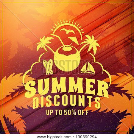 Summer sale banner. Typographic retro style summer poster with textured abstract background. Summer discounts and special offers. Vector illustration