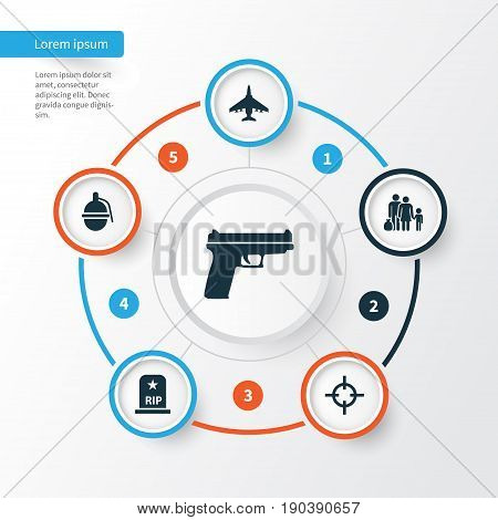 Battle Icons Set. Collection Of Bombshell, Target, Fugitive And Other Elements. Also Includes Symbols Such As Bombshell, Grave, Weapons.
