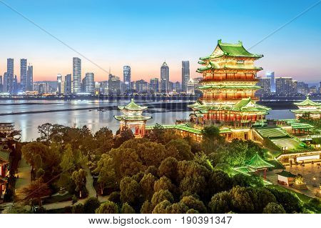 nanchang tengwang pavilion at night is one of chinese famous ancient building