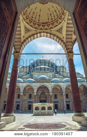 Entrance to Suleymaniye Mosque cortyard in Istanbul's historic center Turkey