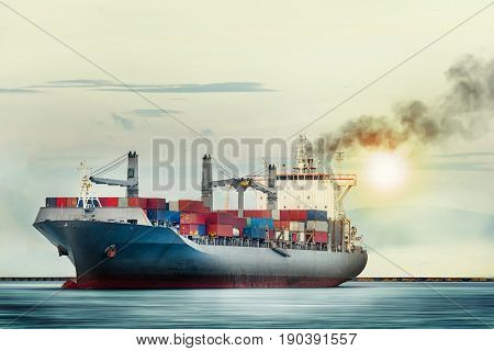 International Container Cargo ship in the ocean as sunset sky Freight Transportation Shipping