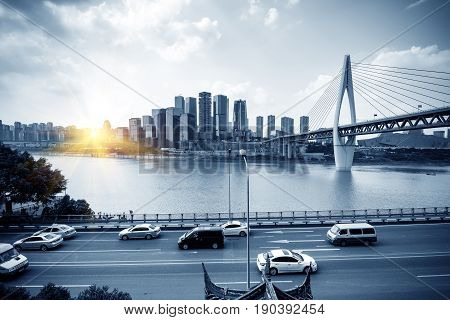 andscape of downtown near water of chongqing in blue sky