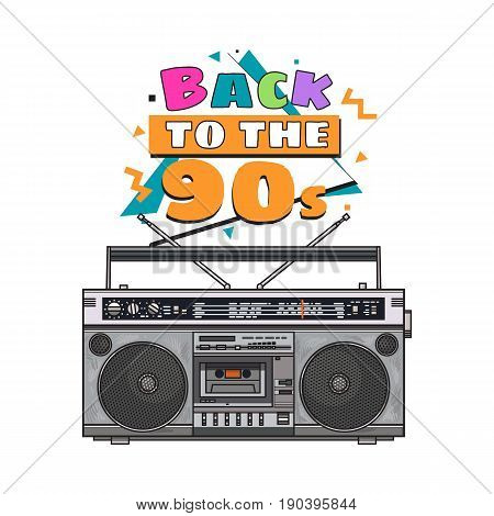 Old fashioned, retro style audio tape recorder, ghetto boom box from 90s, sketch vector illustration isolated on white background. Front view of hand drawn audio tape recorder, boom box
