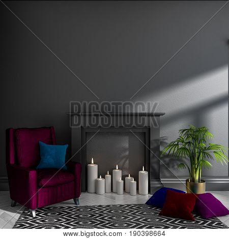 Empty darkened room with black wall, fireplace, candles, armchair, pillows, carpet and plant. Scandinavian interior. Mock up. 3d render illustration.