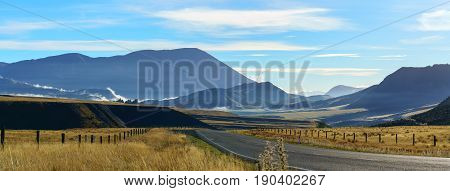 Panoramic image of beautiful Kura Tawhiti Conservation Area in the morning South Island of New Zealand