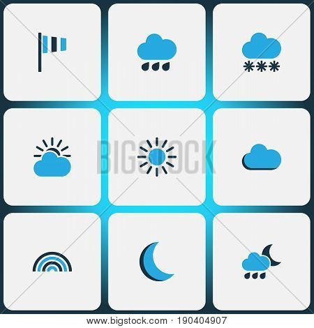 Air Colorful Icons Set. Collection Of Wind Speed, Snowfall, Rainfall And Other Elements. Also Includes Symbols Such As Rain, Forecast, Sun.