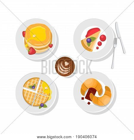 Sweet delicious - waffles, chocolate, pancakes and coffee cup. Vector. Breakfast food. Tasty icon set. Isolated. Top wiev