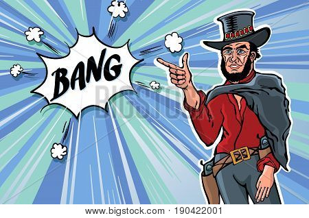 Vintage Retro Clip Art Men Cowboy. Bang. Sketch Vector Illustration