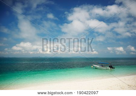 Beautiful tropical beach in Rawa island. White sandy beach seen from above. Malaysia .