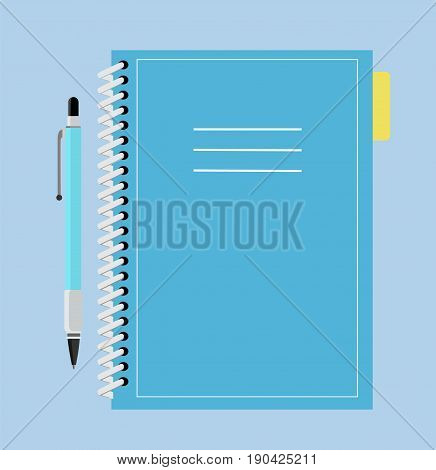 Spiral notebook. School notebook with pen. Realistic Notepad. Vector stock.