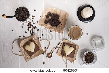 top view of chocolate heart and coffee for Valentine's day