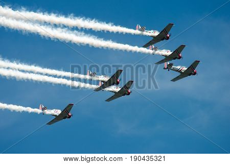 ATLANTIC CITY, NJ - AUGUST 17: View of Geicko Skytypers performing at the Annual Atlantic City Air Show on August 17, 2016