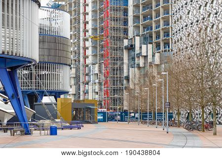 London UK - May 15 2017 - Building sites of Greenwich Peninsula a new residential development in North Greenwich