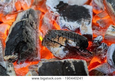 Wood burning in the fireplace closeup. Home Warm orange bonfire with pieces of wood