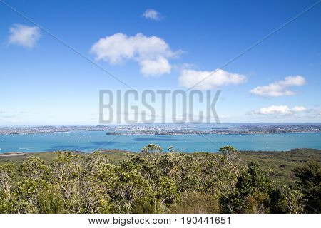 Auckland, New Zealand - April 19, 2015: City skyline as seen from top of volcano Rangitoto