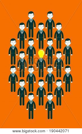 light bulb headed businessmen In the center of a group of people. Idea and leadership concept. Stock flat vector illustration.