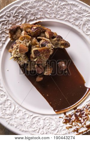 Dessert panforte with cream of coffee. Delicious gourmet dessert