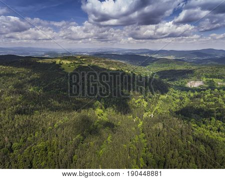 Aerial View Of The Summer Time In Mountains Near Czarna Gora Mountain In Poland. Pine Tree Forest An