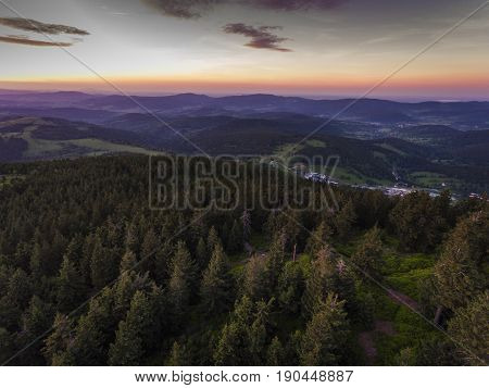 Sunset. Aerial View Of The Summer Time In Mountains Near Czarna Gora Mountain In Poland. Pine Tree F
