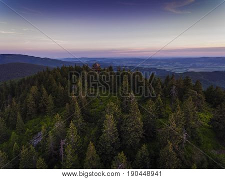 Sunset. Aerial View Of The Summer Time In Mountains Near Czarna Gora Mountain In Poland. Pine Tree F