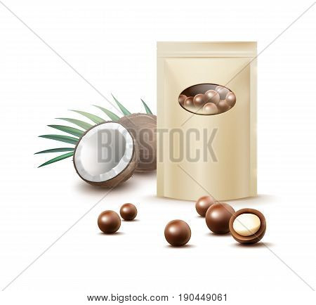 Vector ball chocolate candies with coconut filling and blank ocher pack for brending front view isolated on white background