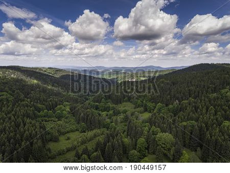 Aerial View Of The Summer Time In Mountains Near Czarna Gora Mountain In Poland. Pine Tree Forest An