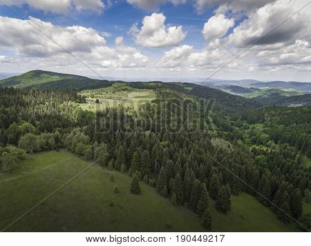 Aerial View Of The Summer Time In Mountains Near Czarna Gora Mountain In Poland. Pine Tree Forest An