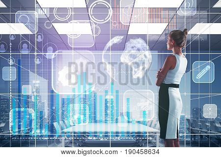 Thoughtful businesswoman in interior with city view and digital business icons. Finance concept. 3D Rendering