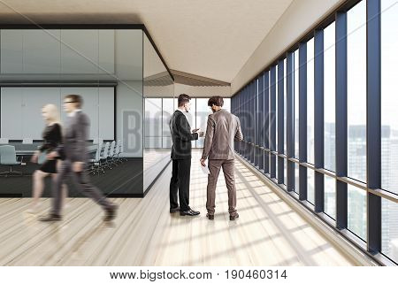 Poeple near a meeting room interior with glass walls wooden floor and a row of folders standing on a shelf. Square table with white office chairs. Whiteboard. Side. 3d rendering mock up