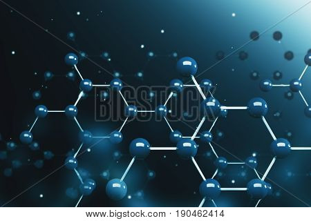 Blue shiny molecule model of carbon or other chemical element with hexagonal atomic grid. Dark blue background. 3d rendering