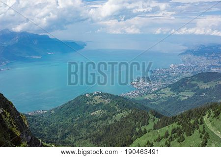 Elevated capture of the Swiss Alps at Rocher de Naye near Montreux with Lake Leman (Lake Geneva) in the background