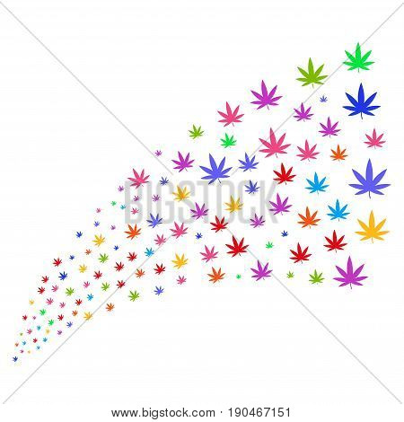 Source stream of cannabis symbols. Vector illustration style is flat bright multicolored iconic cannabis symbols on a white background. Object fountain combined from symbols.