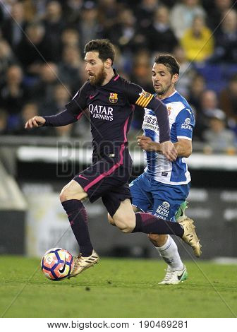 BARCELONA, SPAIN - APRIL, 29: Leo Messi of FC Barcelona during a Spanish League match against RCD Espanyol at the RCDE Stadium on April 29 2017, in Barcelona Spain