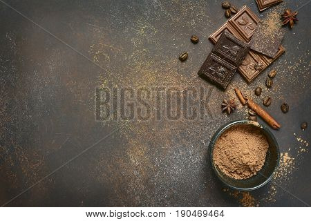 Milk And Bitter Chocolate With Cocoa And Spices.top View With Copy Space.