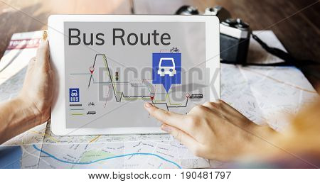 Hands working on digital device network graphic overlay