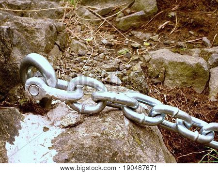 Detail Of Steel Bolt Anchor Eye In Sandstone Roc Hold Steel Chain.