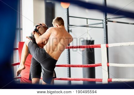 Portrait of shirtless wrestler fighting with opponent in boxing ring, performing headlock and knee kicking him