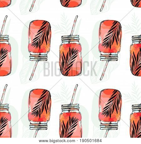 Hand drawn vector abstract summer time organic fresh fruits seamless pattern with lemonade detox cocktails and tropical palm leaves in glass bottle jar in rose pink colors isolated on white background.