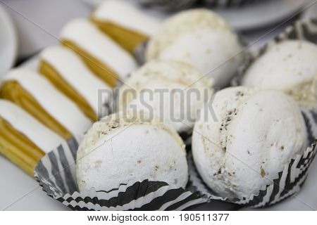 Tasty White Macaroons On Table