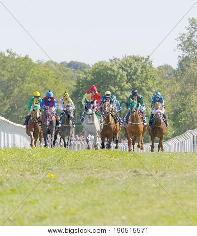 STOCKHOLM SWEDEN - JUNE 06 2017: Tough fight between colorful jockeys riding gallop arabian race horses at Nationaldags Galoppen at Gardet. June 6 2017 in Stockholm Sweden
