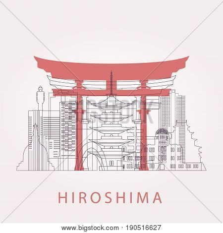 Outline Hiroshima skyline with landmarks. Vector illustration. Business travel and tourism concept with historic buildings. Image for presentation banner placard and web site.