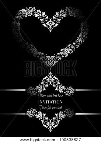 Floral Invitation Card With Antique, Luxury Black And White Vintage Frame And Big Ornamental Heart,v