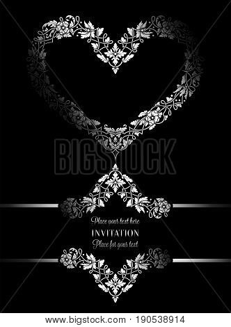 Floral Invitation Card With Antique, Luxury Black And White Vintage Frame And Big Ornamental Heart,v