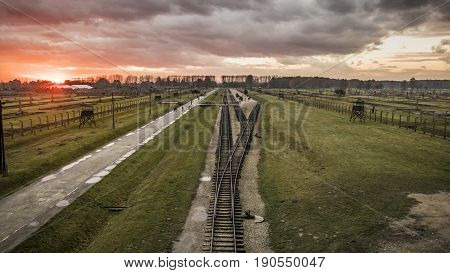 Panorama of the Birkenau concentration camp in the sunset