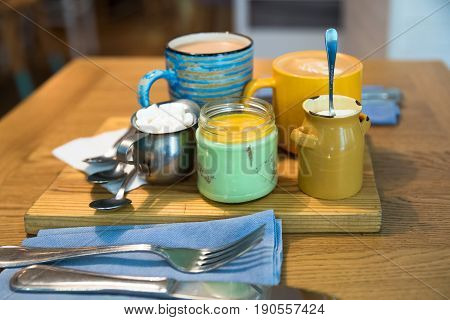 Sweet dessert: Panakota, coffe, capuccino and zeffirs in nice cafe