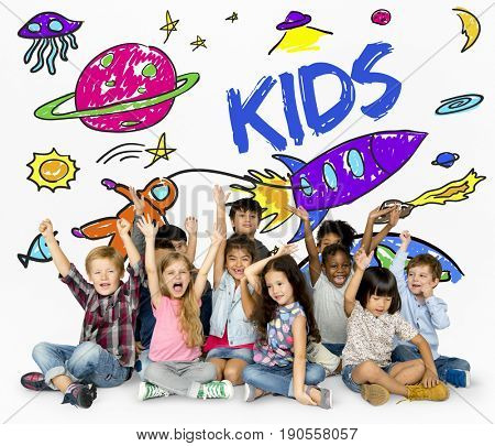 Group of students studying astronomy outerspace