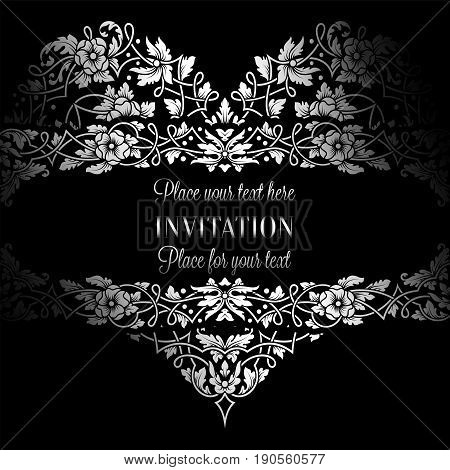 Floral Invitation Card With Antique, Luxury Black And White Vintage Frame And Big Ornamental Heart,v